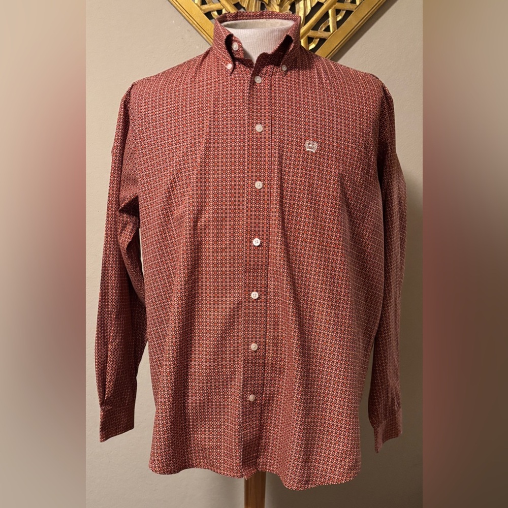 Cinch Men's Red Geometric Button Down Long-Sleeve Shirt Size M